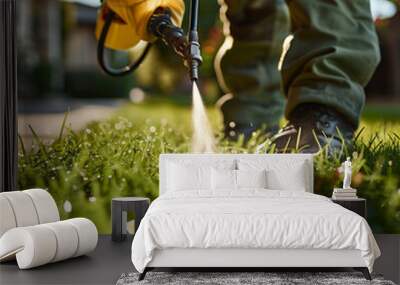 Worker spraying pesticide on a green lawn outdoors for pest control: A close-up view Wall mural