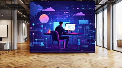 Web Developer Engineer Coding Full Stack developer computer person 2d illustration Wall mural