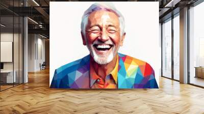 Colorful Low Poly Illustration of a Giggling Senior Man Headshot with Copy Space on White Background Wall mural