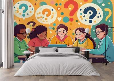 Diverse Kids and Teacher in 1960s Retro Classroom, Boys and Girls Studying and Learning Wall mural