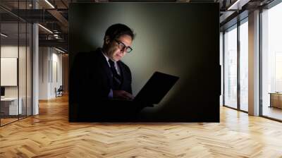 Handsome Persian businessman using laptop in dark room Wall mural