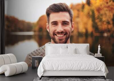 Happy Man Smiling in an Outdoor Autumn Setting Headshot Portrait Wall mural