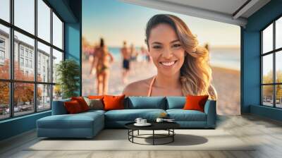 Happy Woman Enjoying Summer at the Beach Wall mural