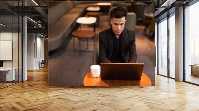 Portrait of handsome young businessman using laptop in coffee shop Wall mural