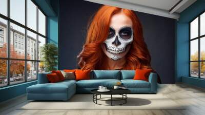 Portrait of Woman Wearing Skull and Bone Mask for Halloween or D?a de los Muertos Celebration Wall mural