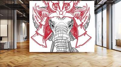 The samurai elephant. Samurai mask, an old Japanese mask. Freehand drawing in vintage style. Wall mural