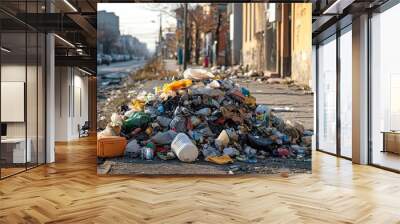 A pile of garbage sits atop a sidewalk in the city, creating an eyesore in the urban environment, Generative AI Wall mural