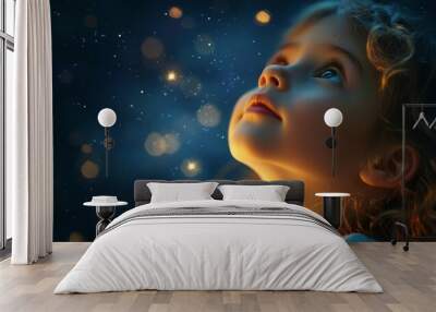 Child looks up at the stars at night, dreaming of infinite possibilities and aspirations. Concept Dreams, Ambitions, Night Sky, Childhood, Imagination, Generative AI Wall mural