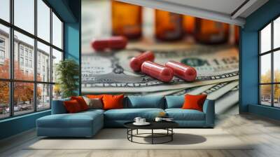 different bills and bottles for pharmaceutical and healthcare medication and drug research labs concepts with copy space area, Generative AI Wall mural