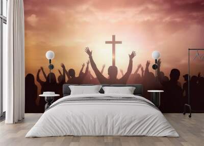 Easter and Good Friday concept, Silhouette many people raised hands worship god over sunset cross background, Generative AI Wall mural