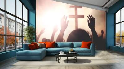 Easter and Good Friday concept,  soft focus of Christian worship with raised hand on white cross background, Generative AI Wall mural