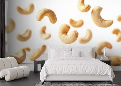 Falling cashew nuts isolated on white or white background,, Generative AI Wall mural