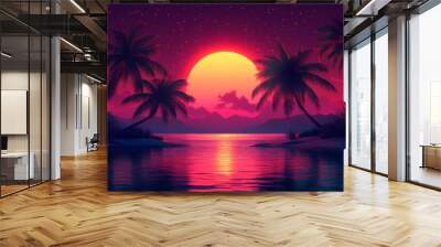 Illustration of a tropical background with sunset or dawn in neon light in retro style. Palm trees and the sun, Generative AI Wall mural