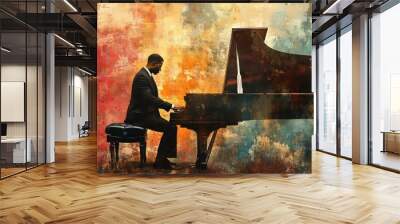 Male jazz or classical musician pianist playing a piano in a vintage abstract distressed style painting background for a poster or flyer, stock illustration, Generative AI Wall mural