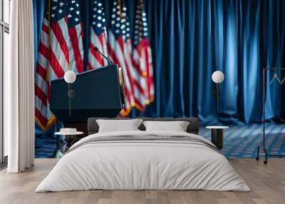 Podium and american flag in row, US presidential election, Generative AI Wall mural