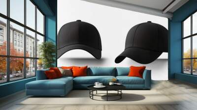 Set of black front and side view hat baseball cap on white background cutout file. Mockup template for artwork graphic design, Generative AI Wall mural