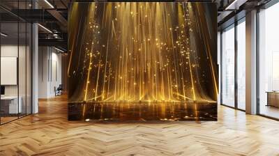 Stage opening golden stage glitter with spotlights and luxury gold light streak. Particle luxury for ceremony background, Generative AI Wall mural