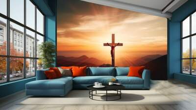 The crucifix symbol of Jesus on the mountain sunset sky background, Generative AI Wall mural