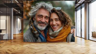 woman man couple happy together hug bonding mature mid middle age aged park outdoor talking leisure fun smiling love old nature wife happiness lifestyle people adult caucasian husband, Generative AI Wall mural