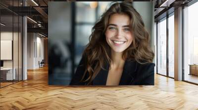 woman portrait business businesswoman office young student happy lifestyle job girl laughing chatting cheerful smiling career couple girlfriend boyfriend, Generative AI Wall mural