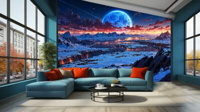 Background - alien planet landscape with a glowing blue moon Wall mural