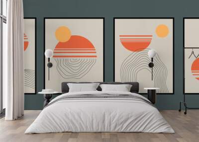 A collection of mid-century modern minimalist art prints featuring organic natural shapes. Abstract contemporary aesthetic backgrounds with geometric minimal black lines on a beige backdrop. Wall mural