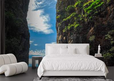 Wang Long Bay beach exit between two high rocks, blue sky with clouds, Ko Phi Phi, Thailand Wall mural