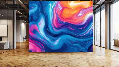 A colorful abstract painting in a fluid art style, featuring bold shades of blue, vibrant coral, and yellow, with smooth curves and rippling textures Wall mural