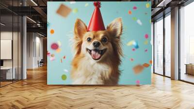 A cute, fluffy dog wearing a red and white party hat, surrounded by colorful confetti falling against a soft blue background. Wall mural