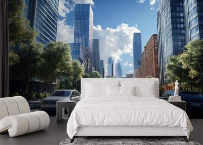 A wide shot of a bustling city street with tall skyscrapers on either side,  blue sky, fluffy clouds, and a line of cars driving down the street. Wall mural