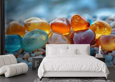 Natural material, Amber, Electric blue rocks on beach are fashion accessory Wall mural