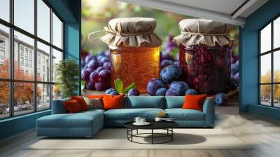 On the table are two jars of jam, grapes, and other natural foods Wall mural