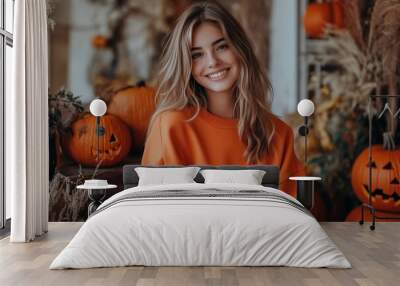 A cheerful woman in an orange sweater smiling amidst pumpkins and festive Halloween decorations. Wall mural