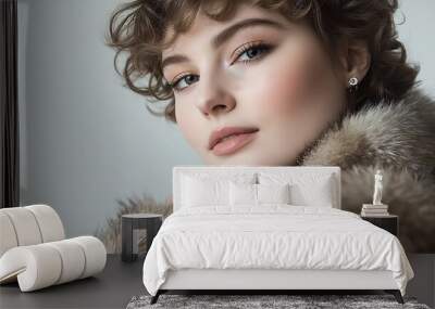 A close-up portrait of a sophisticated woman wearing a luxurious fur coat, showcasing elegance and classic beauty. Wall mural