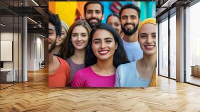 A diverse group of young adults smiling warmly, standing close together against a vibrant, colorful urban backdrop. Wall mural