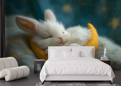 A fluffy white rabbit peacefully sleeps on a yellow felt crescent moon with a dreamy background of stars and clouds. Wall mural