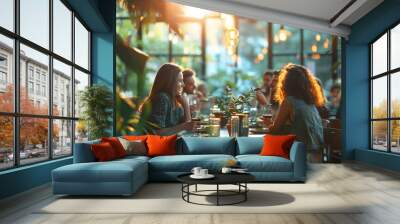 A group of friends enjoying dinner and drinks in a cozy, plant-filled restaurant, illuminated by warm, ambient lighting.
 Wall mural