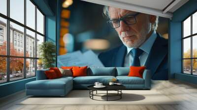 An older businessman in a suit and glasses carefully reading financial documents in a modern office setting. Wall mural