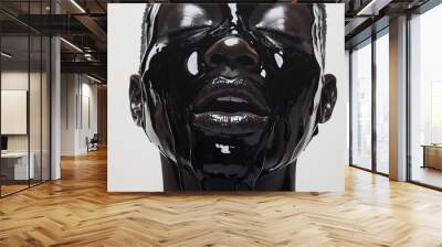 Close-up abstract art of a face with glossy black paint dripping, emphasizing contrast and texture on smooth skin. Wall mural