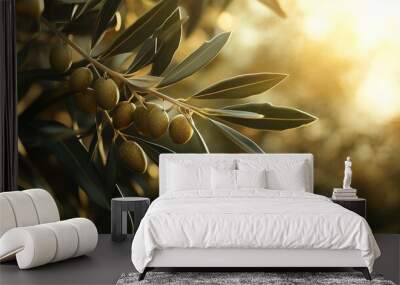 Close-up of ripe olives hanging from a branch with golden sunlight creating a serene and warm background. Wall mural