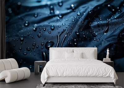 Close-up shot of water droplets on a dark blue waterproof fabric surface, highlighting the texture and reflective details. Wall mural