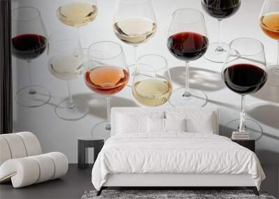 Elegant display of red, white, and ros? wine glasses casting shadows on a clean white background. Wall mural