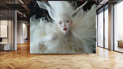 Ethereal portrait of a woman with striking white hair and flowing dress, embodying beauty and elegance in surreal style. Wall mural