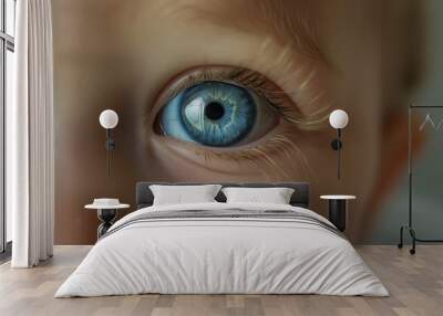 Extreme close-up shot of a baby's bright blue eye, showcasing intricate details of the eye and eyelashes. Wall mural