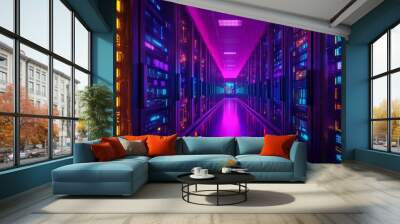 Illuminated server racks in a futuristic data center hallway with vibrant, colorful lights reflecting high-tech environment. Wall mural