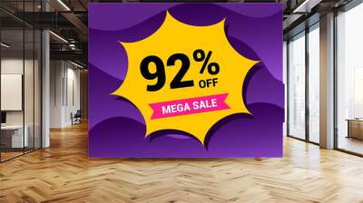 92% sale badge vector illustration on a purple gradient background. Ninety two percent price tag. Yellow and purple. Wall mural