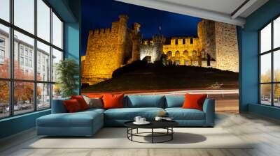 Medieval castle of templars at night with light trails, long exposure - Ponferrada, El Bierzo, Spain Wall mural