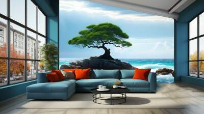 Charming and serene natural scenery with lonely tree on the coastline and rocks by the waves. Wall mural