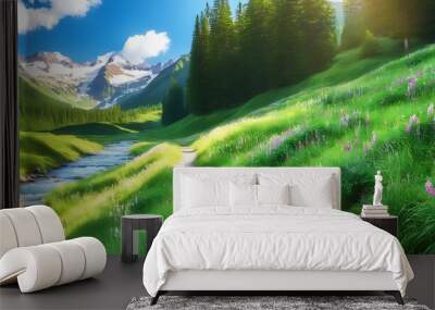 Charming mountain trails in the spring with lush green scenery. Wall mural