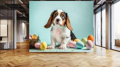 Cute puppy with easter eggs on blue background Wall mural